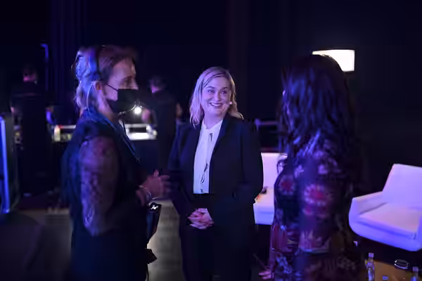 2 November 2021; Amy Poehler, Amy Poehler's Smart Girls, centre, and Versha Sharma, Teen Vogue, right, backstage at Centre Stage during day one of Web Summit 20