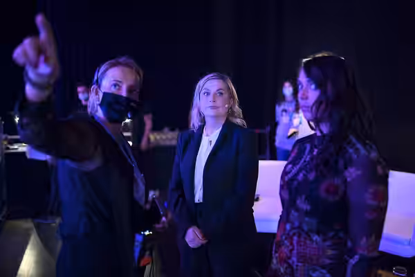 2 November 2021; Amy Poehler, Amy Poehler's Smart Girls, centre, and Versha Sharma, Teen Vogue, right, backstage at Centre Stage during day one of Web Summit 20