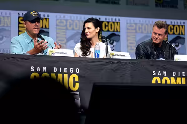 Adam Baldwin, Bridget Regan and Eric Dane speaking at the 2017 San Diego Comic Con International, for "The Last Ship", at the San Diego Convention Center in San