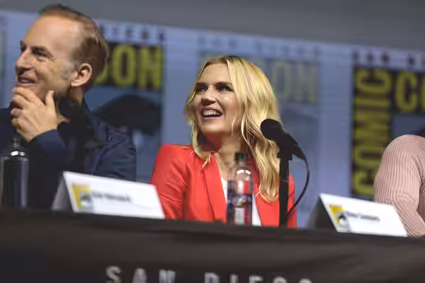 Bob Odenkirk and Rhea Seehorn speaking at the 2018 San Diego Comic Con International, for "Better Call Saul", at the San Diego Convention Center in San Diego, C