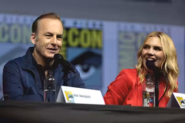 Bob Odenkirk and Rhea Seehorn speaking at the 2018 San Diego Comic Con International, for "Better Call Saul", at the San Diego Convention Center in San Diego, C