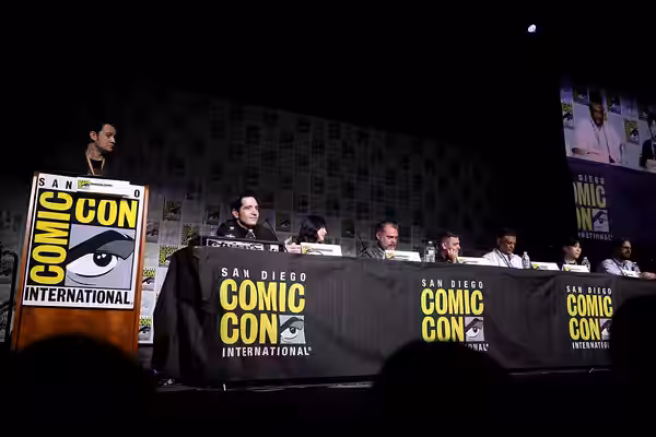 Jonathan James, David Dastmalchian, Leah Kilpatrick, Ben Stenbeck, Scott Snyder, Rodney Barnes, LySandra Vuong and Jimmy Stamp speaking at the 2023 San Diego Co