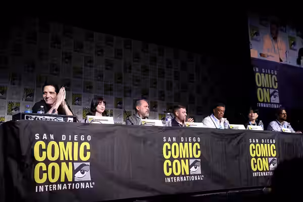 David Dastmalchian, Leah Kilpatrick, Ben Stenbeck, Scott Snyder, Rodney Barnes, LySandra Vuong and Jimmy Stamp speaking at the 2023 San Diego Comic Con Internat