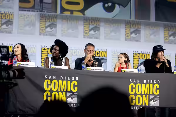 Angela Kang, Danai Gurira, Jeffrey Dean Morgan, Cailey Fleming and Norman Reedus speaking at the 2019 San Diego Comic Con International, for "The Walking Dead",