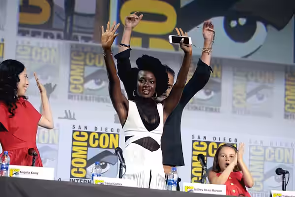 Angela Kang, Danai Gurira, Jeffrey Dean Morgan and Cailey Fleming speaking at the 2019 San Diego Comic Con International, for "The Walking Dead", at the San Die