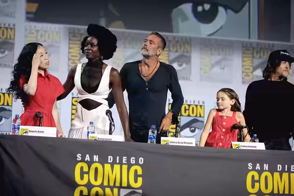 Angela Kang, Danai Gurira, Jeffrey Dean Morgan, Cailey Fleming and Norman Reedus speaking at the 2019 San Diego Comic Con International, for "The Walking Dead",