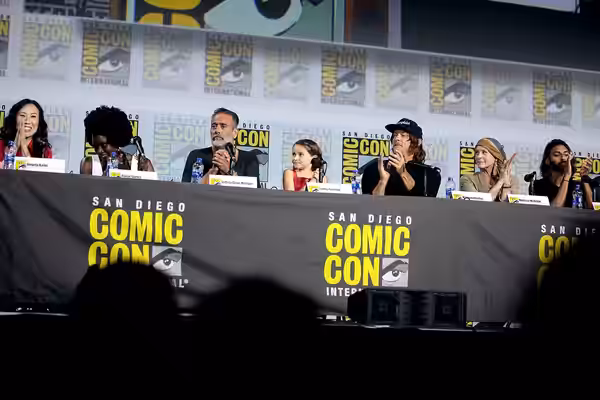 Angela Kang, Danai Gurira, Jeffrey Dean Morgan, Cailey Fleming, Norman Reedus, Melissa McBride and Avi Nash speaking at the 2019 San Diego Comic Con Internation