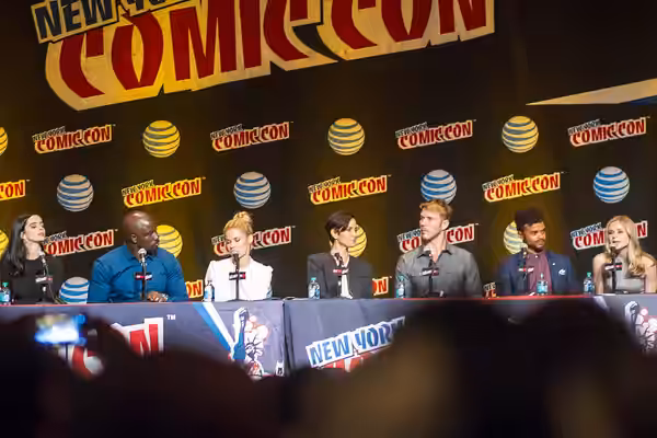 Panel for Jessica Jones at the 2015 New York Comic Con. (L:R: Krysten Ritter, Mike Colter, Rachael Taylor, Carrie-Ann Moss, Wil Traval, Eka Darville, Erin Moria