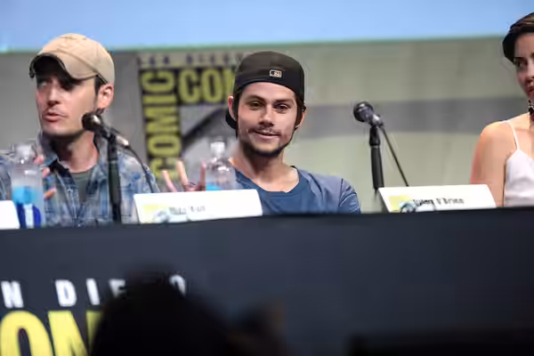 Wes Ball and Dylan O'Brien speaking at the 2015 San Diego Comic Con International, for "Maze Runner: The Scorch Trials", at the San Diego Convention Center in S