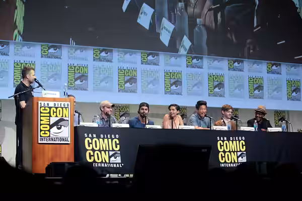 Chris Hardwick, James Dashner, Wes Ball, Dylan O'Brien, Rosa Salazar, Ki Hong Lee and Giancarlo Esposito speaking at the 2015 San Diego Comic Con International,