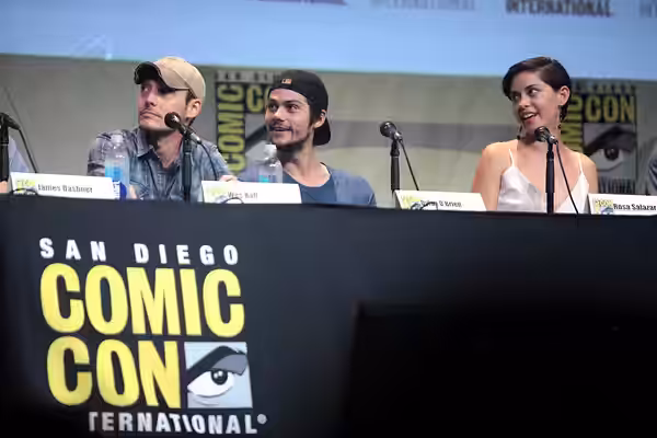 Wes Ball, Dylan O'Brien and Rosa Salazar speaking at the 2015 San Diego Comic Con International, for "Maze Runner: The Scorch Trials", at the San Diego Conventi