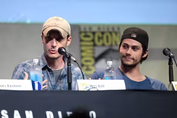 Wes Ball and Dylan O'Brien speaking at the 2015 San Diego Comic Con International, for "Maze Runner: The Scorch Trials", at the San Diego Convention Center in S