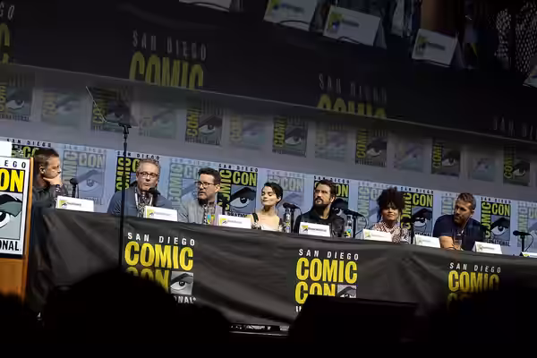 David Leitch, Paul Wernick, Rhett Reese, Brianna Hildebrand, Stefan Kapičić, Zazie Beetz and Ryan Reynolds speaking at the 2018 San Diego Comic Con Internationa