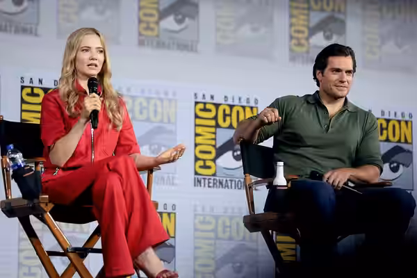 Freya Allan and Henry Cavill speaking at the 2019 San Diego Comic Con International, for "The Witcher", at the San Diego Convention Center in San Diego, Califor