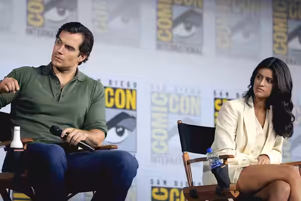 Henry Cavill and Anya Chalotra speaking at the 2019 San Diego Comic Con International, for "The Witcher", at the San Diego Convention Center in San Diego, Calif