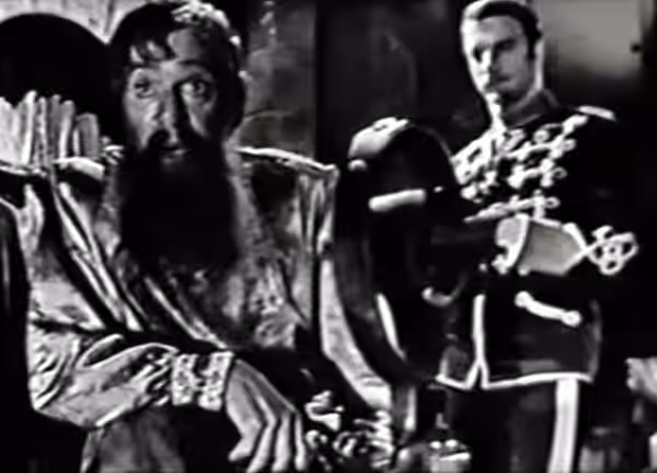 Boris Karloff as Rasputin &amp; Leslie Nielsen in the American TV series Suspense, episode The Black Prophet (cropped screenshot) (1953)