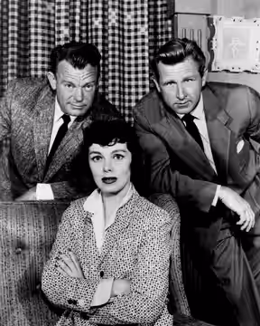 Photo of Dennis O'Keefe, Phyllis Kirk and Lloyd Bridges from the drama-anthology television series Climax! This episode is "Edge of Terror". Bridges played a ba (1954)