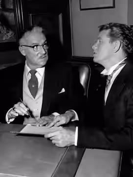 Photo of Gale Gordon as principal Osgood Conklin and Richard Crenna as student Walter Denton from the television program Our Miss Brooks. (1955)