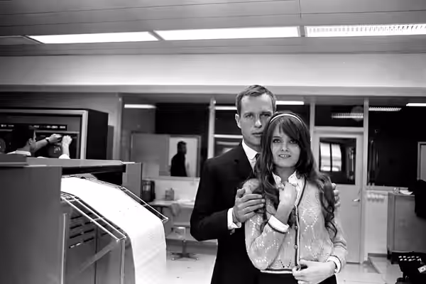 Photograph of the Finnish actor Kristiina Halkola and director Jörn Donner promoting their film Mustaa valkoisella. (1967)