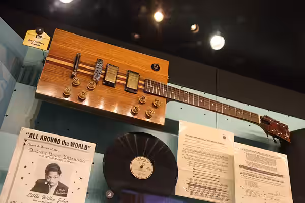 Bo Diddley's guitar at the Rock and Roll Hall of Fame in Cleveland, Ohio. Flickr Tags: ohio guitar cleveland instrument bodiddley rockandrollhalloffame. Flickr  (2014)