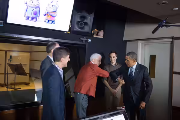 United States president Barack Obama visited DreamWorks Animation in Glendale, California, where he met Steve Martin and Jim Parsons who were recording lines fo (2013)