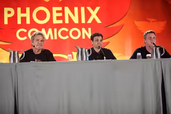 Martin Kove, Ralph Macchio and William Zabka speaking at the 2016 Phoenix Comicon at the Phoenix Convention Center in Phoenix, Arizona. Please attribute to Gage
