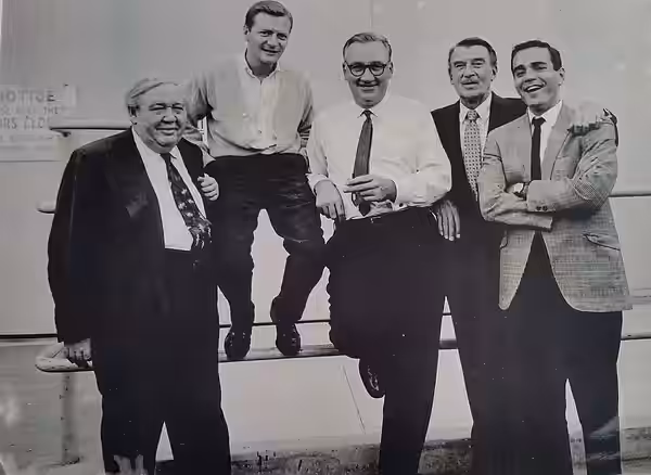 On the set of the American film Advise &amp; Consent (1962) with Charles Laughton, George Grizzard, Edward Andrews, Walter Pidgeon, and David De Silva. (1960)