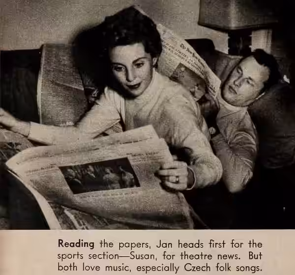 Susan Douglas and her husband Jan Rubeš reading the papers, 1953