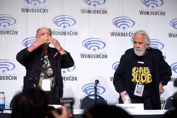 Cheech Marin and Tommy Chong speaking at the 2022 WonderCon, for "Z2 Comics: Back in Smoke - 50 Years of Cheech &amp; Chong", at the Anaheim Convention Center i