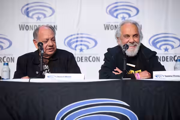 Cheech Marin and Tommy Chong speaking at the 2022 WonderCon, for "Z2 Comics: Back in Smoke - 50 Years of Cheech &amp; Chong", at the Anaheim Convention Center i