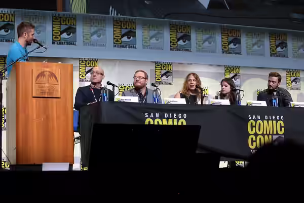 Mike Mitchell, Walt Dohrn, Gina Shay, Anna Kendrick and Justin Timberlake speaking at the 2016 San Diego Comic Con International, for "Trolls", at the San Diego