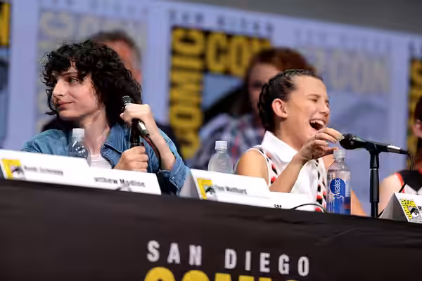 Finn Wolfhard and Millie Bobby Brown speaking at the 2017 San Diego Comic Con International, for "Stranger Things", at the San Diego Convention Center in San Di