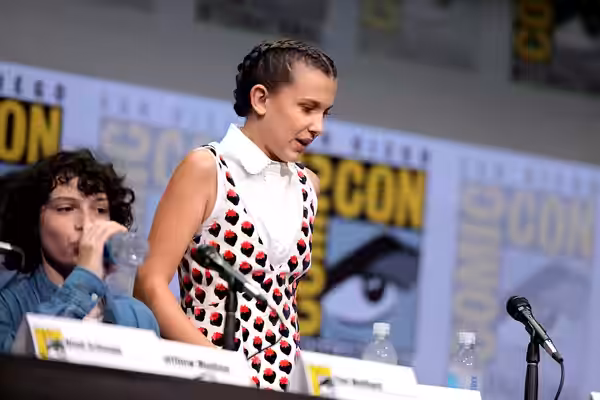Finn Wolfhard and Millie Bobby Brown speaking at the 2017 San Diego Comic Con International, for "Stranger Things", at the San Diego Convention Center in San Di