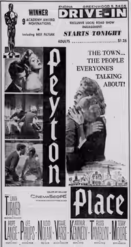 Encina Drive-In theater advertisement for the 1957 American drama film Peyton Place. From the 13 March 1958 Santa Cruz Sentinel.