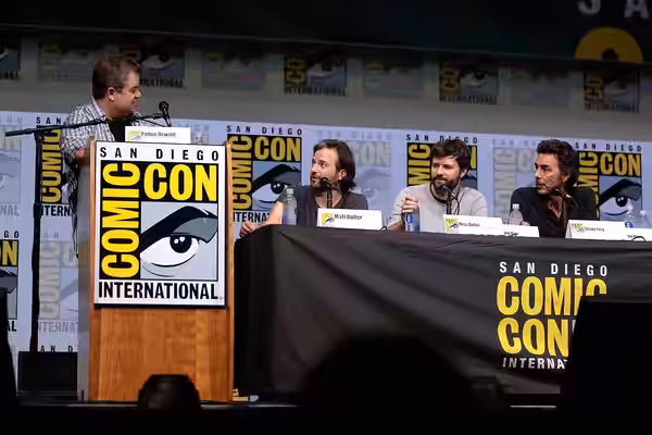 Patton Oswalt, Matt Duffer, Ross Duffer and Shawn Levy speaking at the 2017 San Diego Comic Con International, for "Stranger Things", at the San Diego Conventio