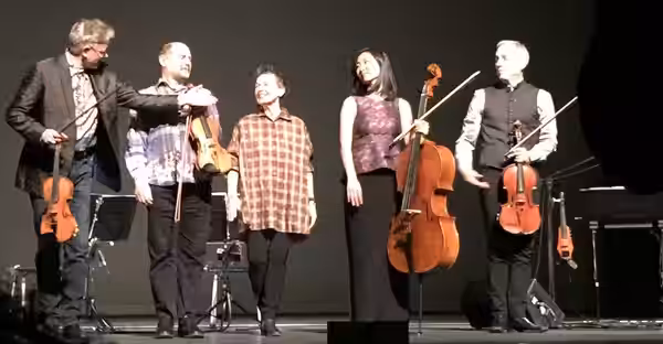 Laurie Anderson amidst the Kronos Quartet in Chicago after performing LANDFALL w:oratorio at the Harris Theater for the Arts located underneath the downtown/off (2015)