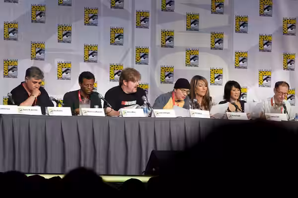 "Futurama" Panel. Actors Maurice LaMarche, Phil LaMarr, John DiMaggio, Billy West, Katey Sagal, Lauren Tom and developer David X. Cohen at San Diego 2010 Comic-