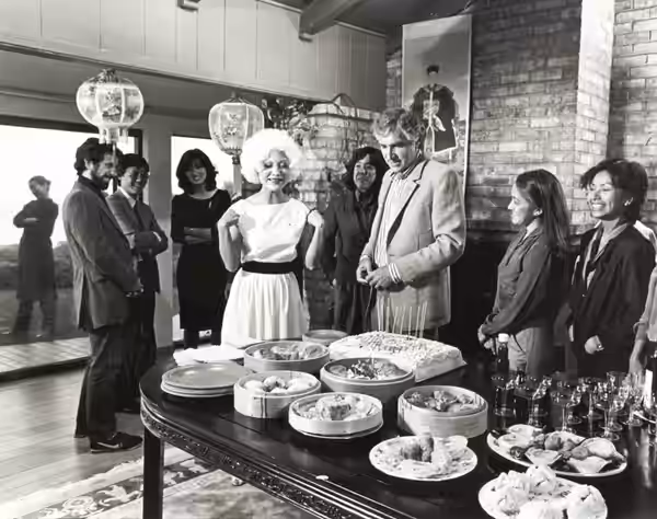 Joan Chen (in wig as Marilyn Monroe) in a scene from "Dim Sum: A Little Bit of Heart" in 1983 photograph by Nancy Wong in Sausalito, California.