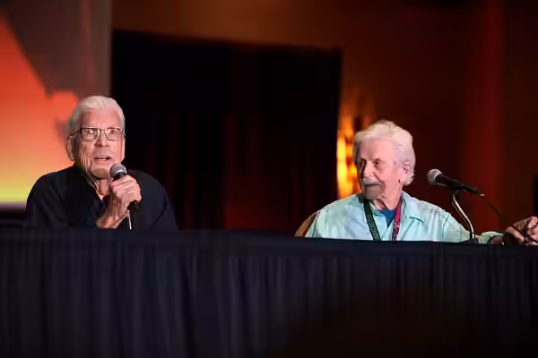 Tom Atkins and Dick Warlock speaking with attendees at the 2023 Mad Monster Arizona Party at the Renaissance Phoenix Glendale Hotel &amp; Spa in Glendale, Arizo