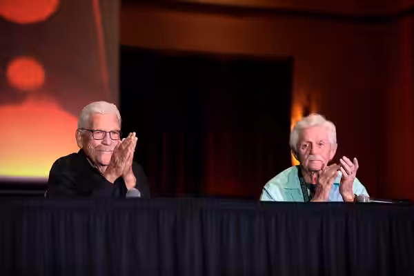 Tom Atkins and Dick Warlock speaking with attendees at the 2023 Mad Monster Arizona Party at the Renaissance Phoenix Glendale Hotel &amp; Spa in Glendale, Arizo