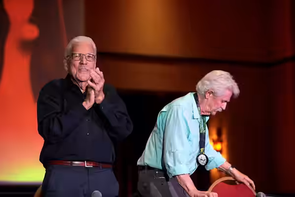 Tom Atkins and Dick Warlock speaking with attendees at the 2023 Mad Monster Arizona Party at the Renaissance Phoenix Glendale Hotel &amp; Spa in Glendale, Arizo