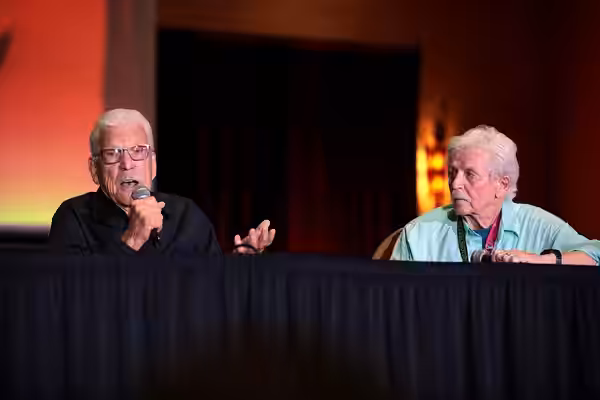 Tom Atkins and Dick Warlock speaking with attendees at the 2023 Mad Monster Arizona Party at the Renaissance Phoenix Glendale Hotel &amp; Spa in Glendale, Arizo