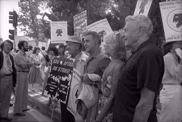 ON THE LINE—Pickets outside The Burbank Studios include, from left, stars Jack Klugman, Ricardo Montalban, Loretta Swit and Ralph Bellamy. They were among 1,000 (1980)