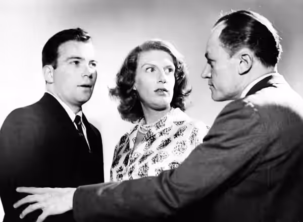 Photo of (from left) William Shatner, Nancy Marchand and E.G. Marshall from the television program Sunday Showcase. This presentation, "The Indestructable Mr. G