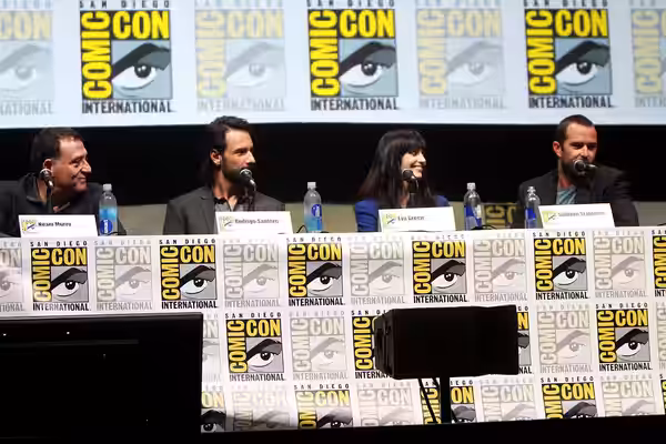 Noam Murro, Rodrigo Santoro, Eva Green and Sullivan Stapleton speaking at the 2013 San Diego Comic Con International, for "300: Rise of an Empire", at the San D