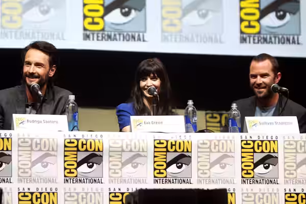 Rodrigo Santoro, Eva Green and Sullivan Stapleton speaking at the 2013 San Diego Comic Con International, for "300: Rise of an Empire", at the San Diego Convent