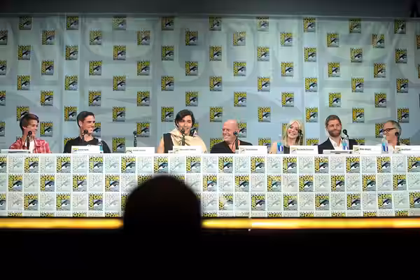 Colin Ford, Eddie Cahill, Alexander Koch, Dean Norris, Rachelle Lefevre, Mike Vogel and Neil Baer speaking at the 2014 San Diego Comic Con International, for "U
