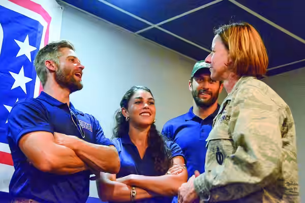 From left, “The Brave” cast members Mike Vogel, Natacha Karam and Noah Mills speak with 377th Air Base Wing Vice Commander Col. Dawn Nickell on Sept. 8 at the M (2017)