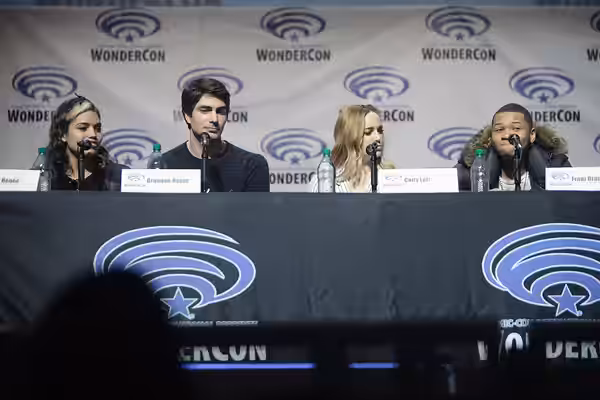 Ciara Renée, Brandon Routh, Caity Lotz and Franz Drameh speaking at the 2016 WonderCon, for "Legends of Tomorrow", at the Los Angeles Convention Center in Los A