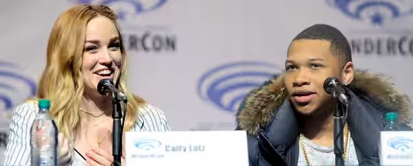 Caity Lotz and Franz Drameh speaking at the 2016 WonderCon, for "Legends of Tomorrow", at the Los Angeles Convention Center in Los Angeles, California.